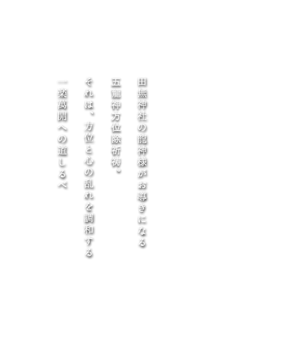 田無神社の龍神様がお導きになる五龍神方位除祈祷。それは、方位と心の乱れを調和する一楽萬開への道しるべ。